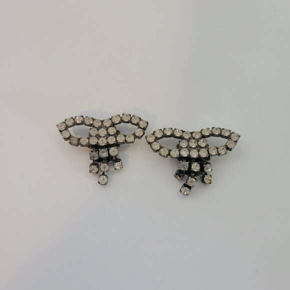 Vintage Bluette Made in France Bow Shaped Rhinestone Shoe Clips Art Deco Style - Picture 1 of 3